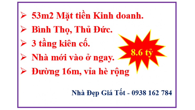 Mặt tiền KD-55m2 -3 tầng -Bình Thọ-TP Thủ Đức-8.6 tỷ